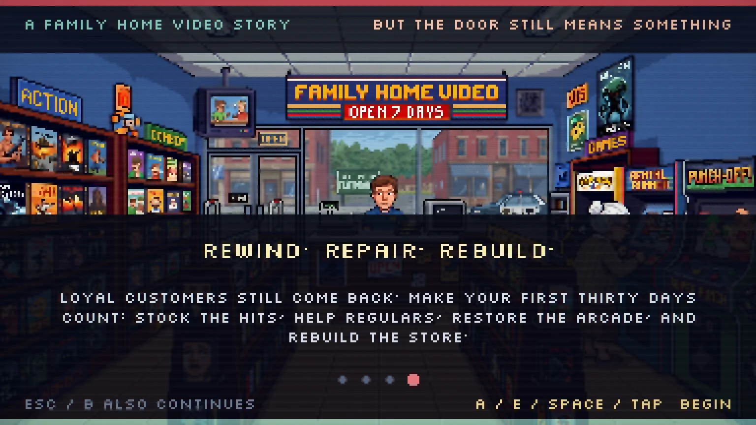 Illustrated Family Home Video interior with shelves, arcade cabinets, customers, and the rebuilding message