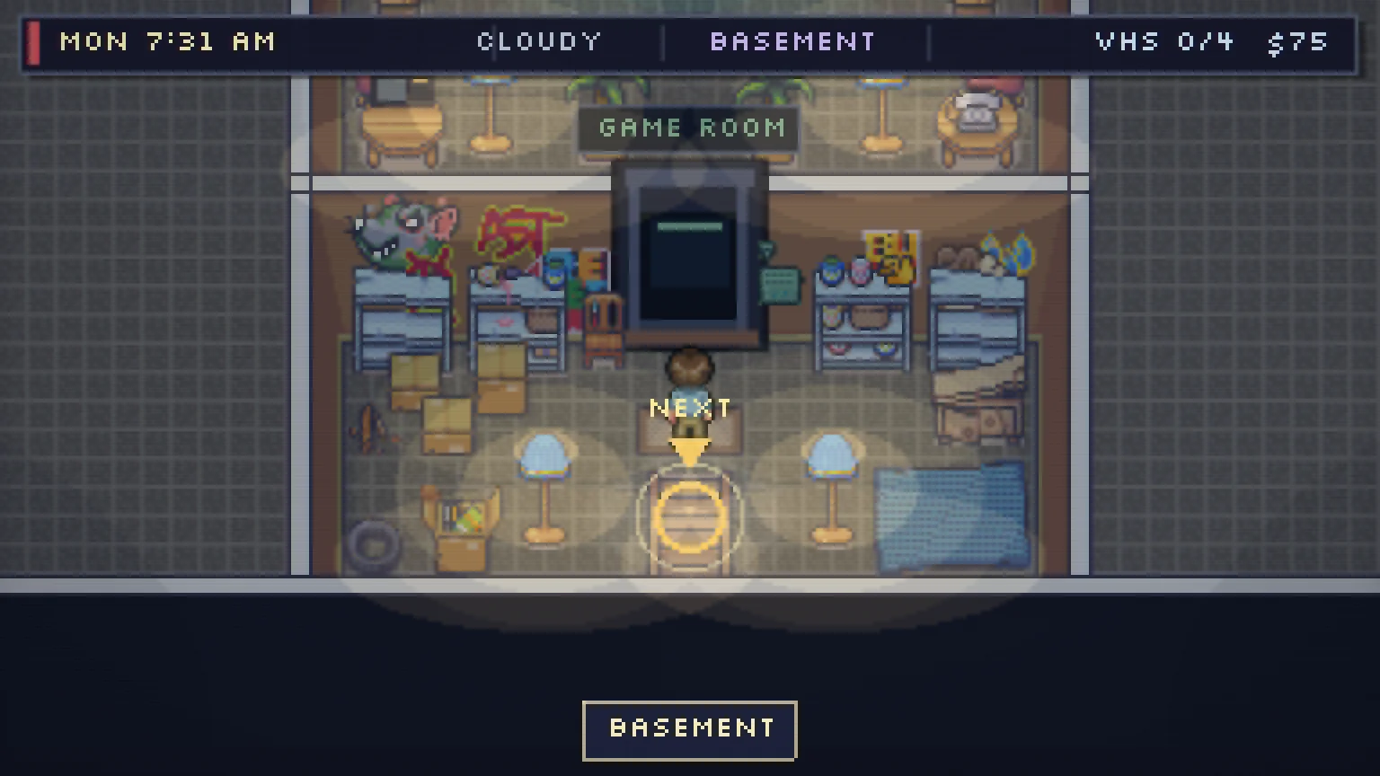Dusty basement workshop with tools, boxes, lamps, and an open game-room doorway