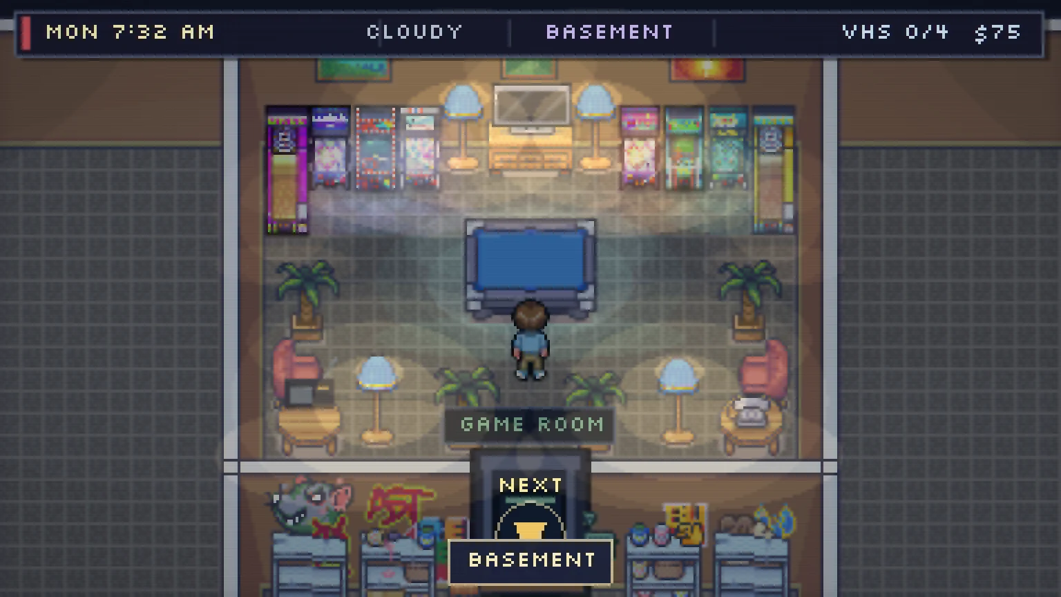 Secret basement game room with glowing arcade cabinets, pinball machines, television, plants, chairs, and warm lamps
