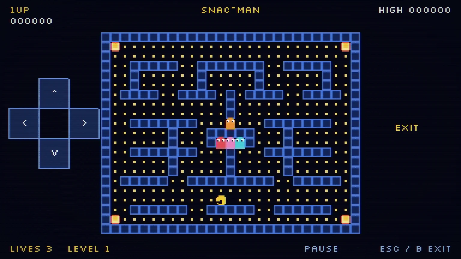 Blue neon maze filled with dots, a yellow player character, and four colorful enemies
