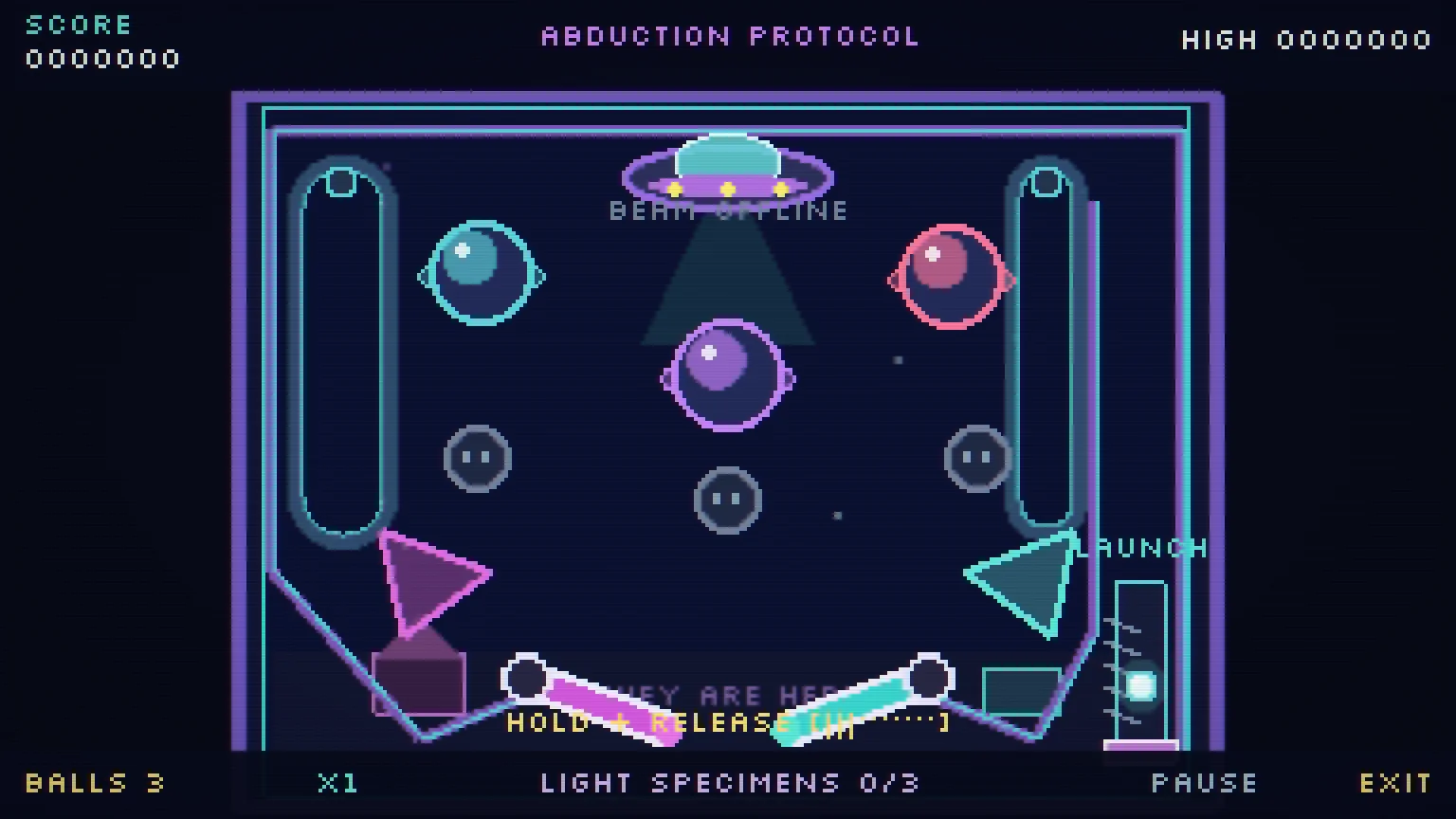 Cyan, pink, and purple alien-themed pinball table