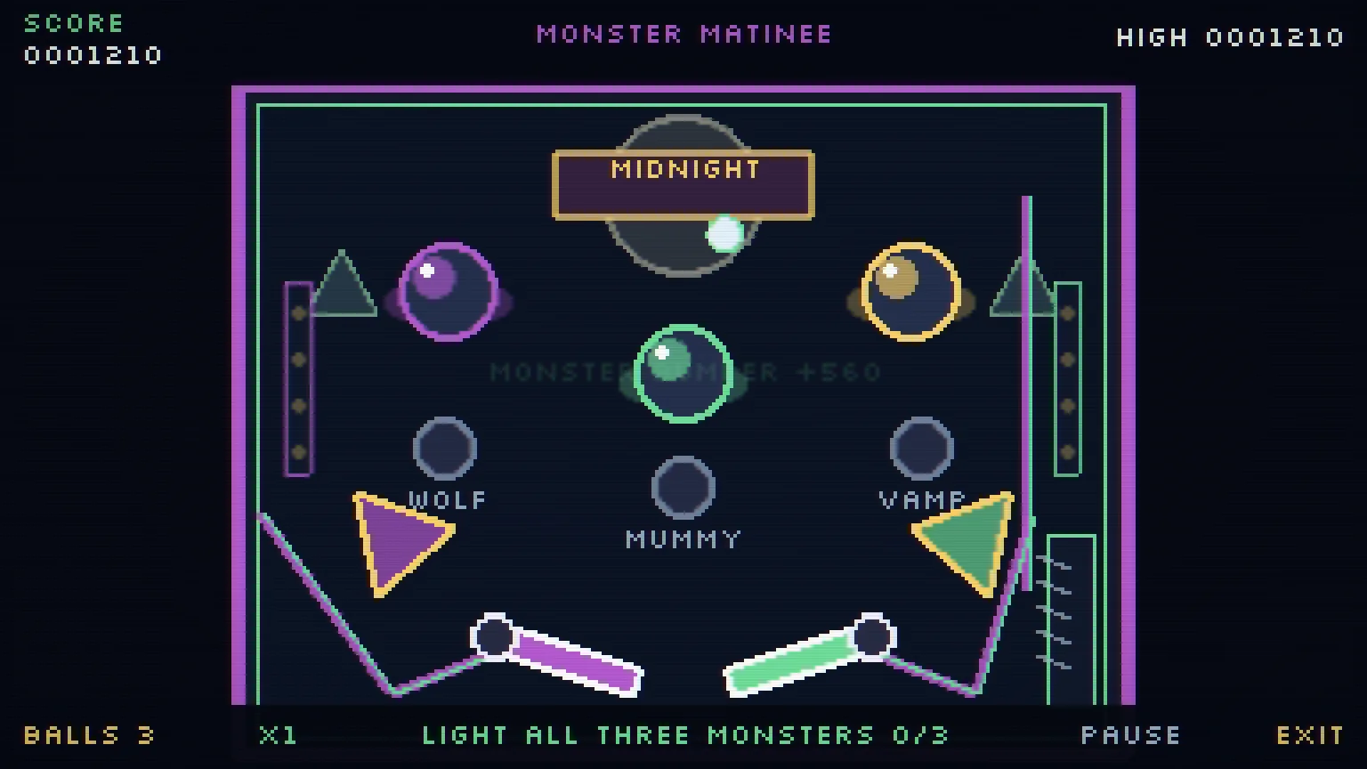 Purple and green monster-movie pinball table