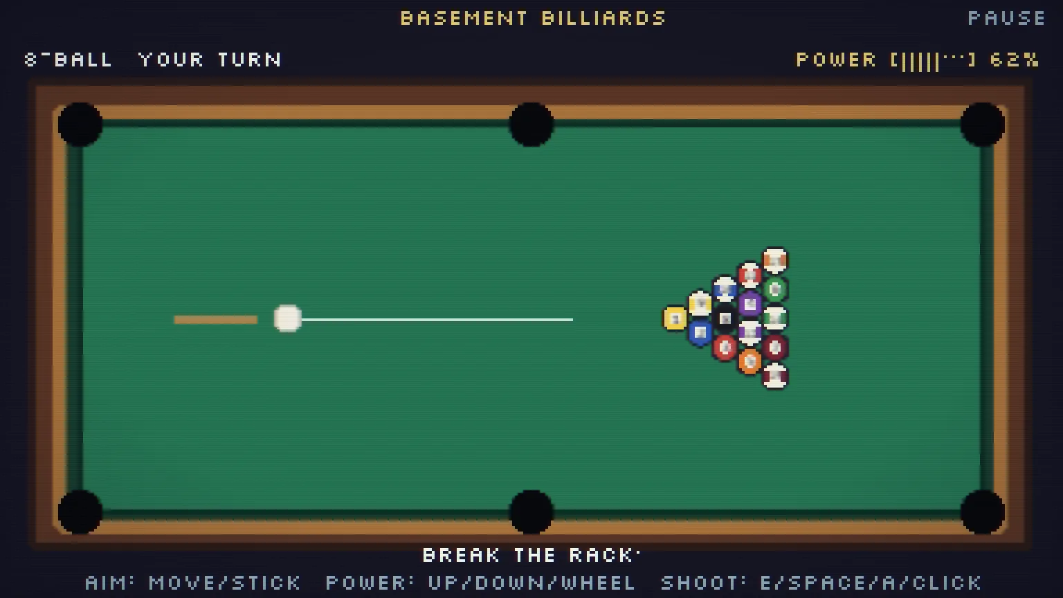 Top-down green billiards table with a full rack and aiming line