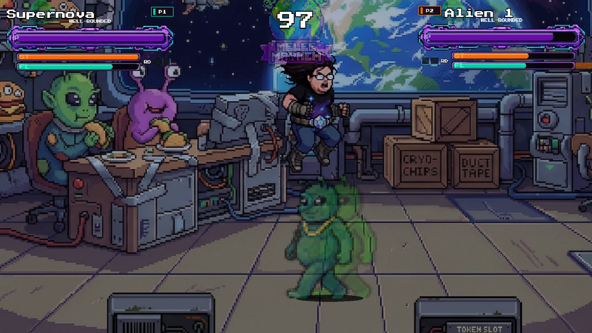 Supernova fights Alien 1 aboard a spaceship