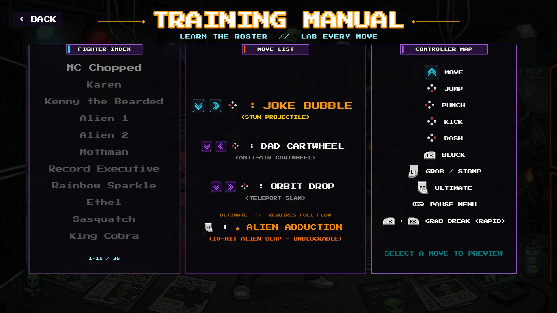 Melee Mayhem Training Manual showing MC Chopped's moves