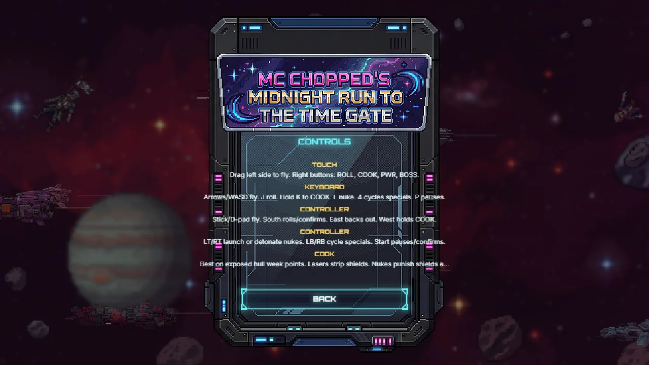 Midnight Run touch, mouse, keyboard, and gamepad controls