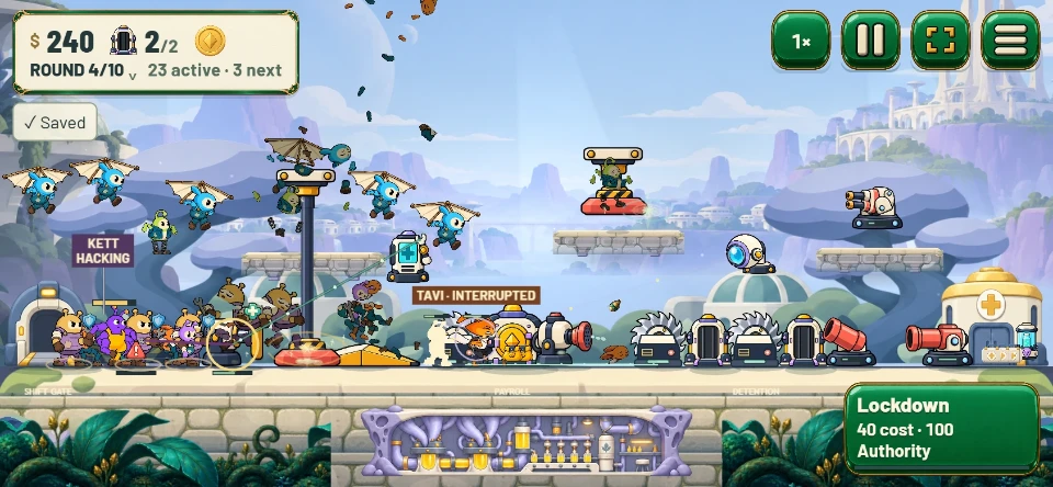 GRUMBO gameplay: workers advancing toward a line of turrets, traps, and defenses