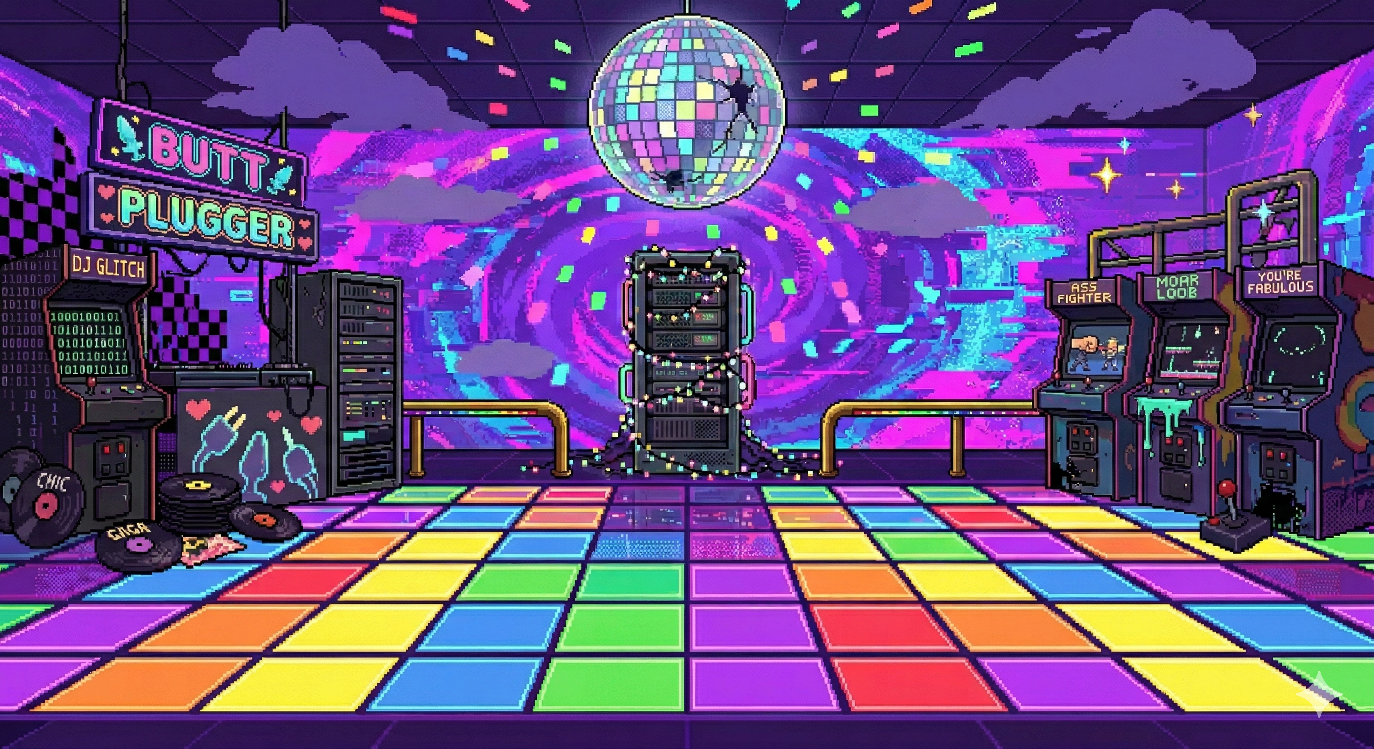 The neon Disco Arena stage